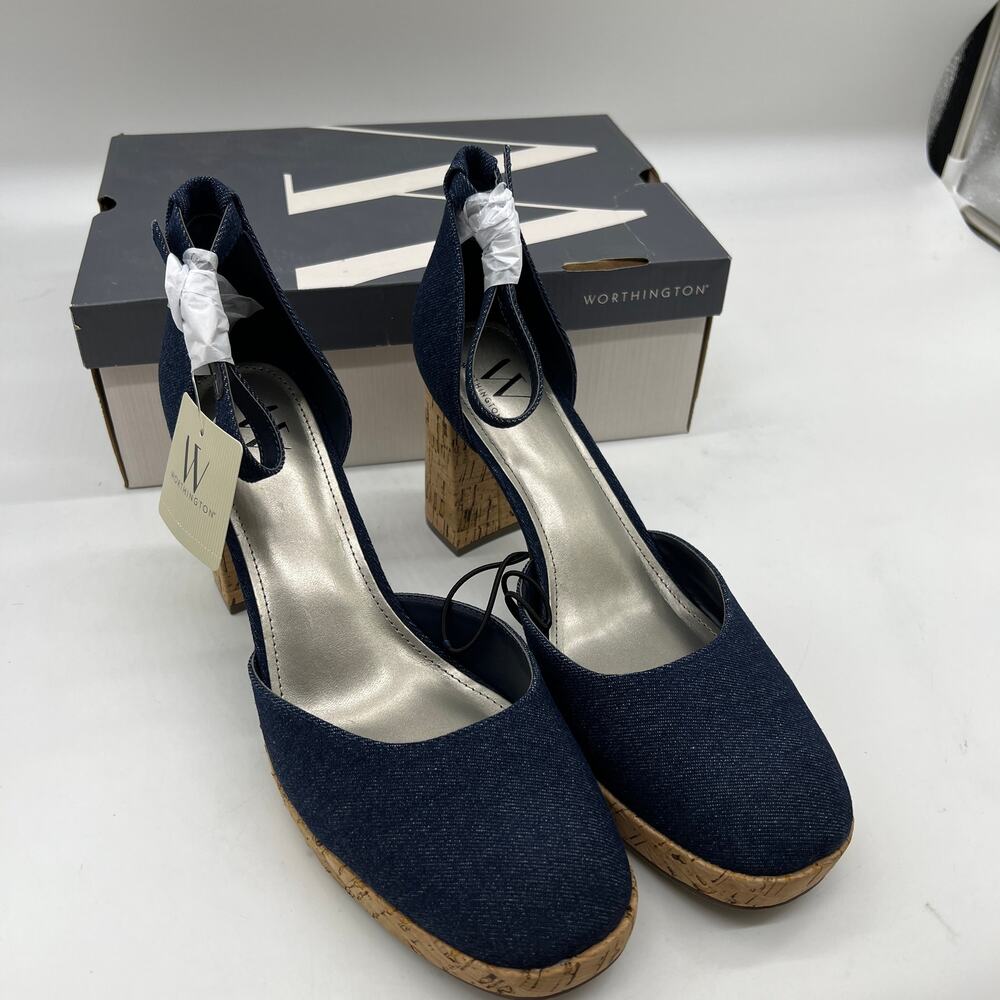Worthington Womens Panama Block Heel Pumps Denim Size 11M